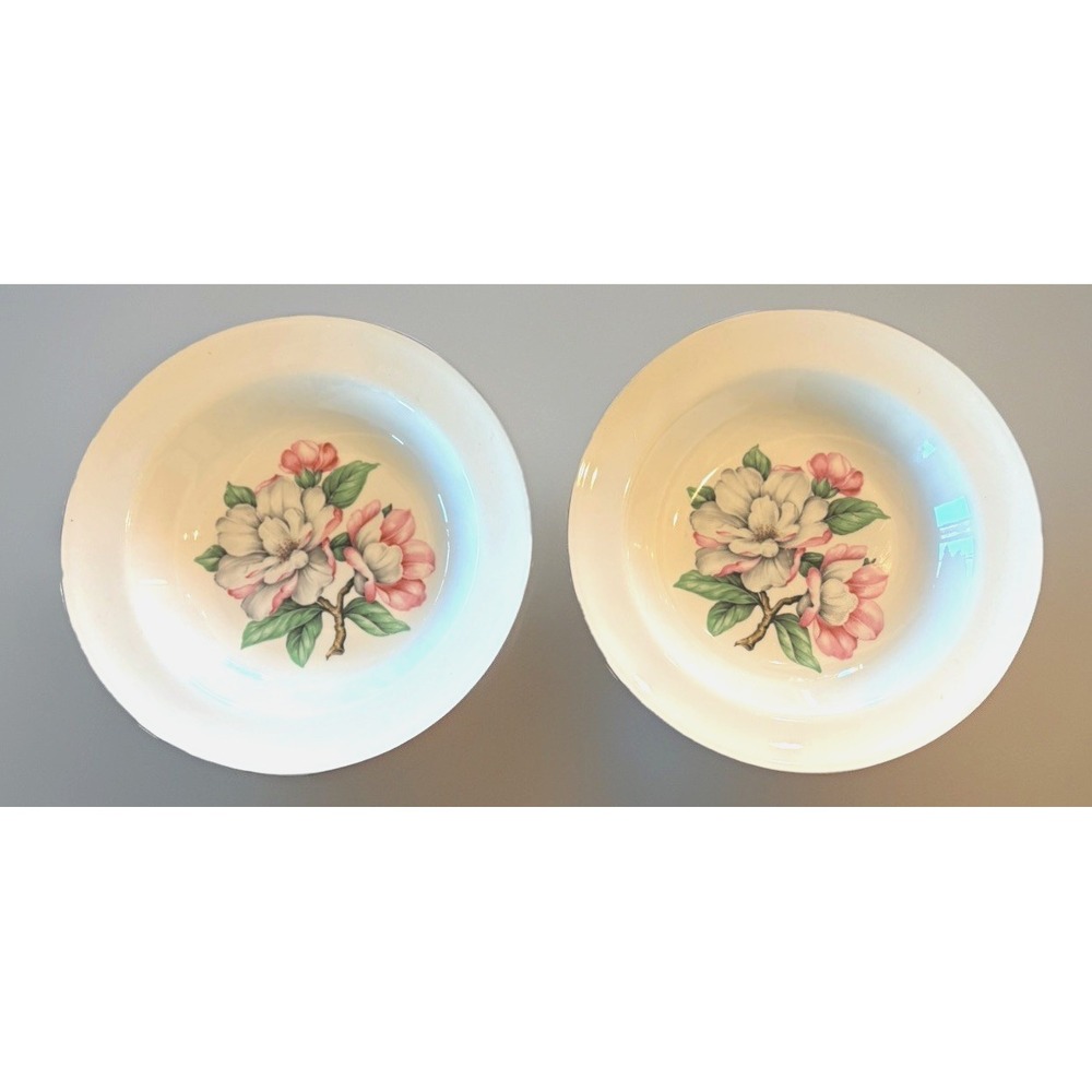 2 Vtg Cunningham & Pickett Magnolia Flat Rimmed Soup Pasta Bowls 22kt Gold Trim
